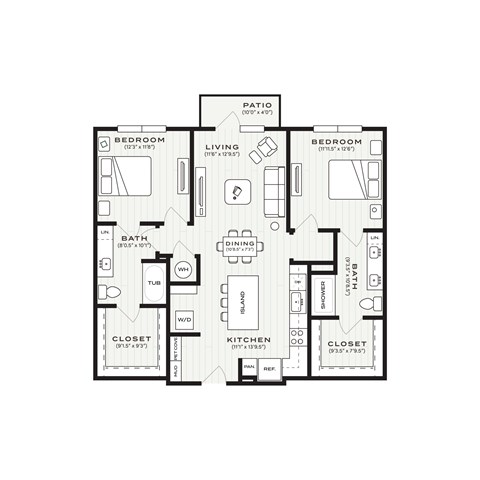 Floor plan for 2 beds, 2 baths, 1125 sqft